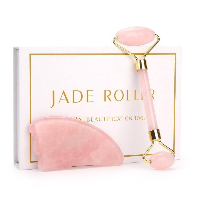 Kit Roller Facial + Gua Sha Quartzo Rosa